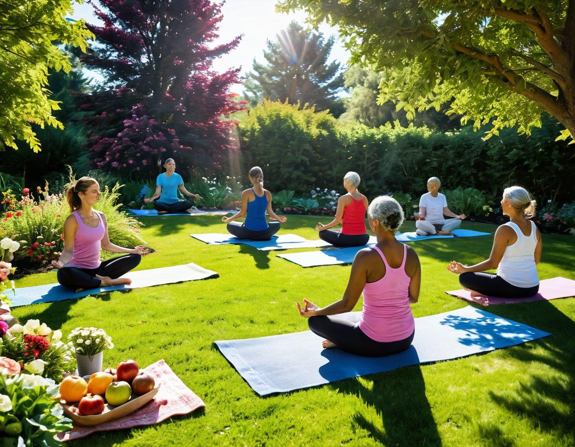 A serene setting depicting a diverse group of cancer survivors engaging in holistic health practices, such as yoga and meditation in a sunlit garden. Incorporate symbols of hope like blooming flowers and a bright blue sky, while showcasing healthy food options like colorful fruits and vegetables on a table nearby. The image should emanate a sense of warmth, community, and resilience. vibrant colors. serene atmosphere.