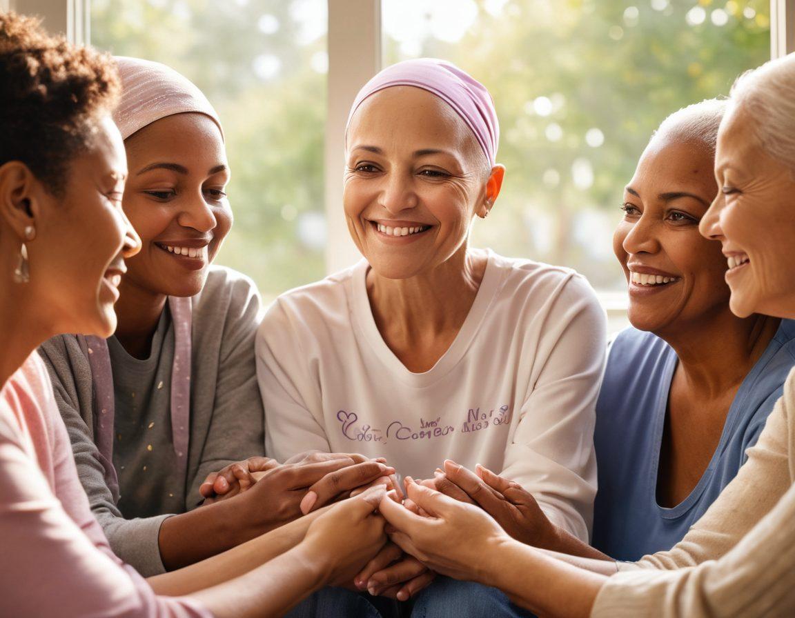 A heartfelt scene depicting a diverse group of cancer patients and their families gathered in a community support meeting, sharing stories and smiles. Inspirational banners of hope and advocacy hang in the background, with soft natural light illuminating their expressions. Incorporate elements of unity, strength, and compassion, symbolized by interconnected hands and hearts. super-realistic. warm tones. vibrant colors.