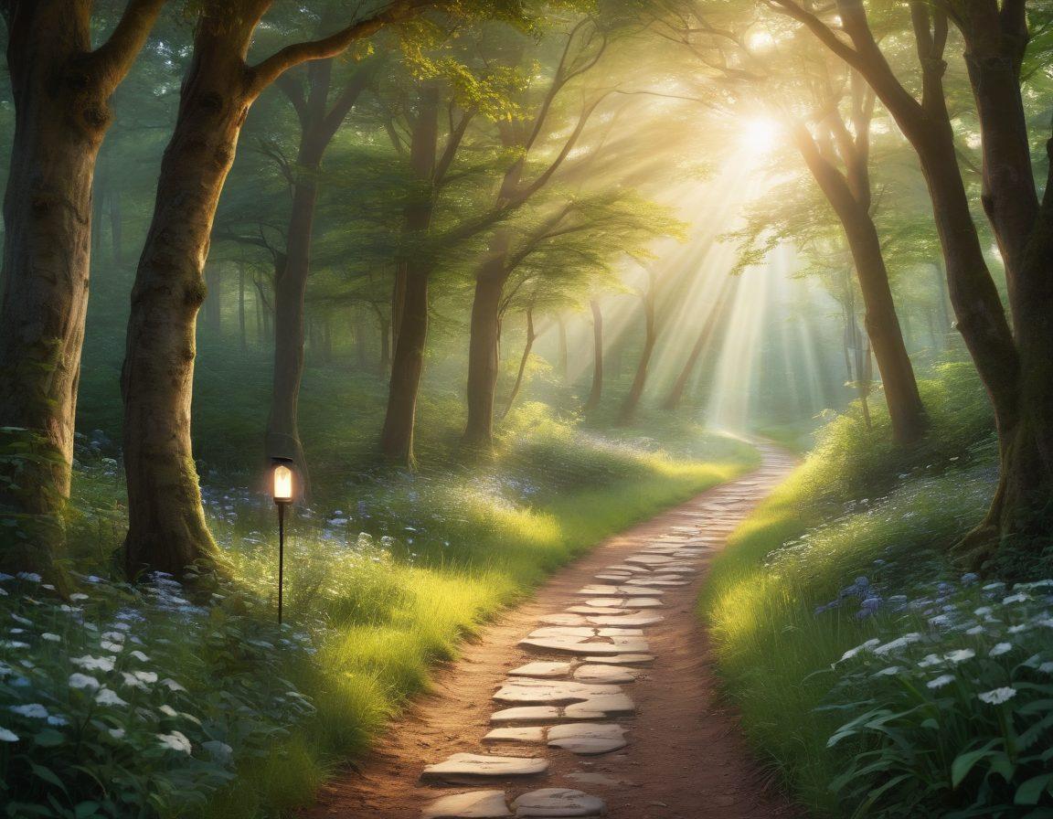 A serene landscape depicting a pathway winding through a lush forest, symbolizing the cancer journey; along the path, signposts with words like 'Diagnosis', 'Treatment', and 'Support' guide the way. In the foreground, a compassionate caregiver leads a patient holding a hope-filled lantern, illuminating their path. Background filled with gentle sunlight filtering through trees, suggesting hope and healing. super-realistic. vibrant colors. soft focus.